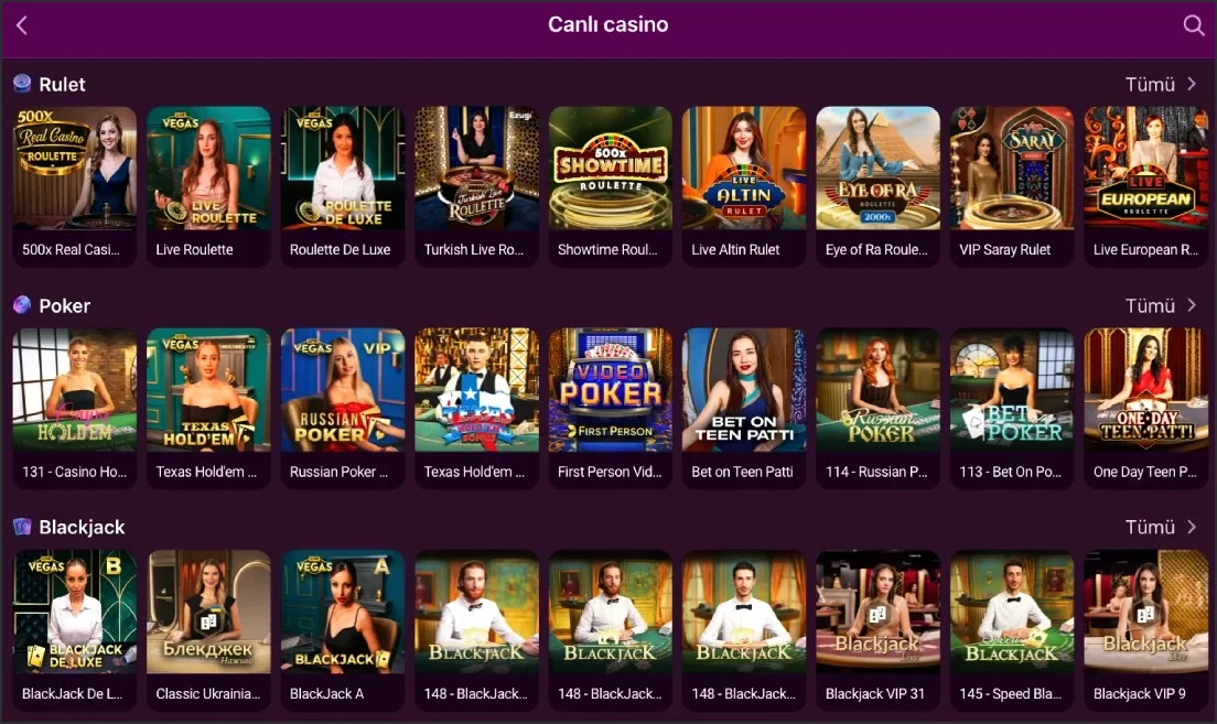 Live casino table list view Live Casino tab listing Roulette, Poker and Blackjack table thumbnails in a row