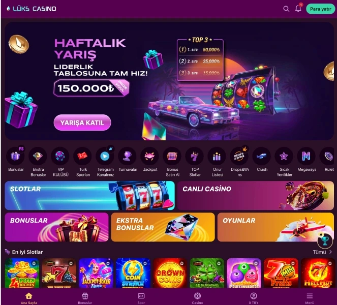 Homepage lobby view Luks Gazino main lobby screen with a Weekly Race banner, quick category icons and a Top Slots row